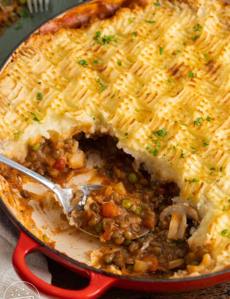 vegan shepherd's pie with textured criss cross mashed potato topping, served with a metal spoon.