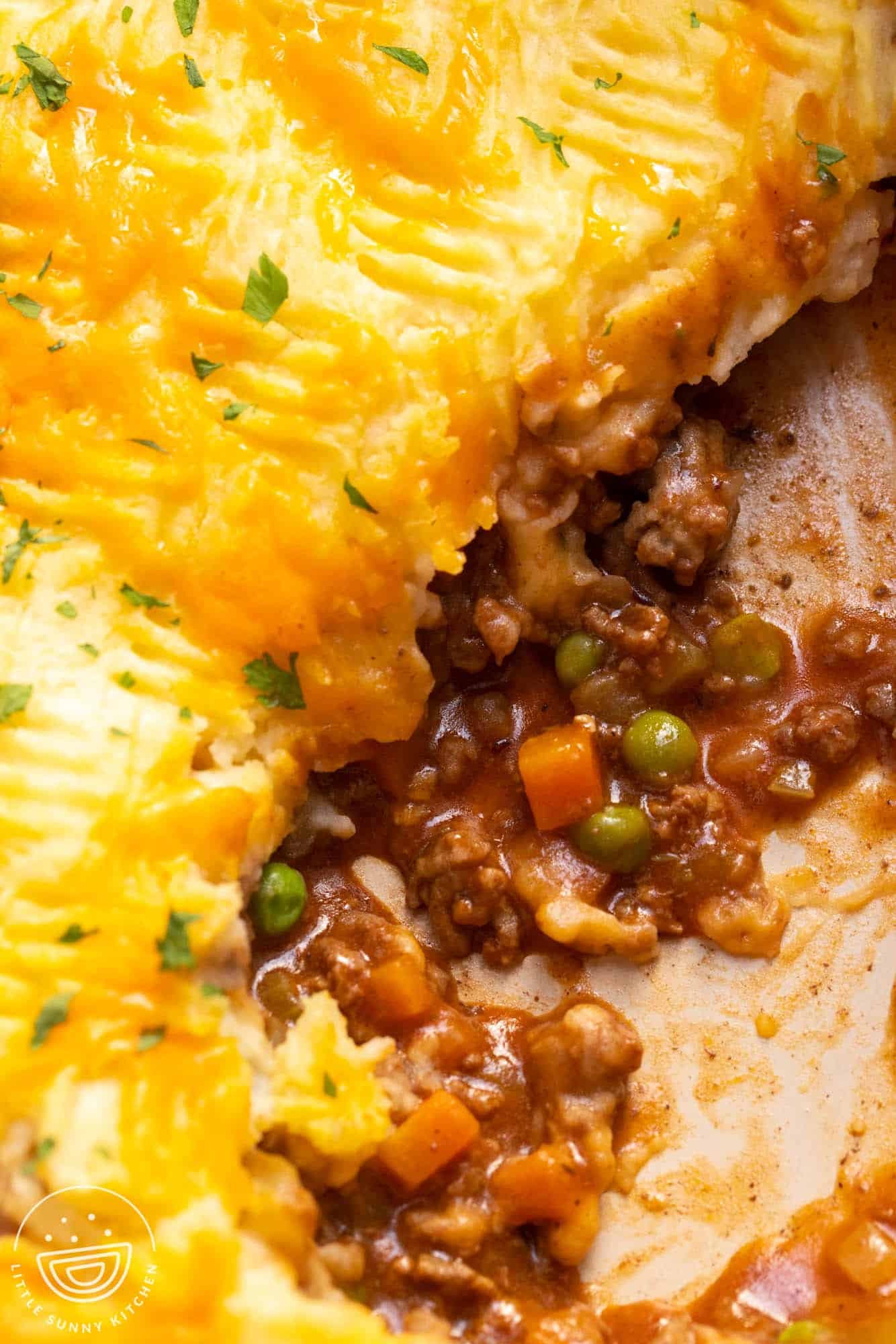 closeup shot showing the inside filling of homemade cottage pie