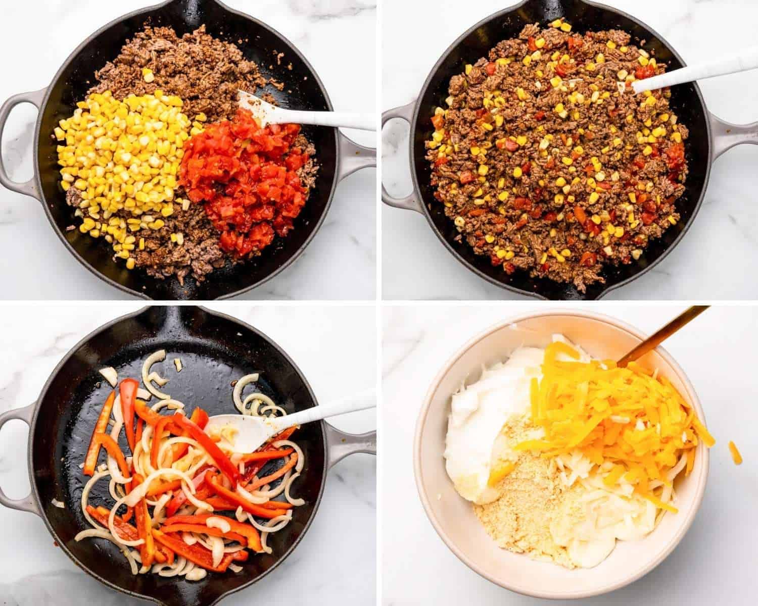 three images of a skillet in various stages of cooking the ingredients for john wayne casserole. The fourth photo is the creamy cheesy layer being mixed in a bowl.