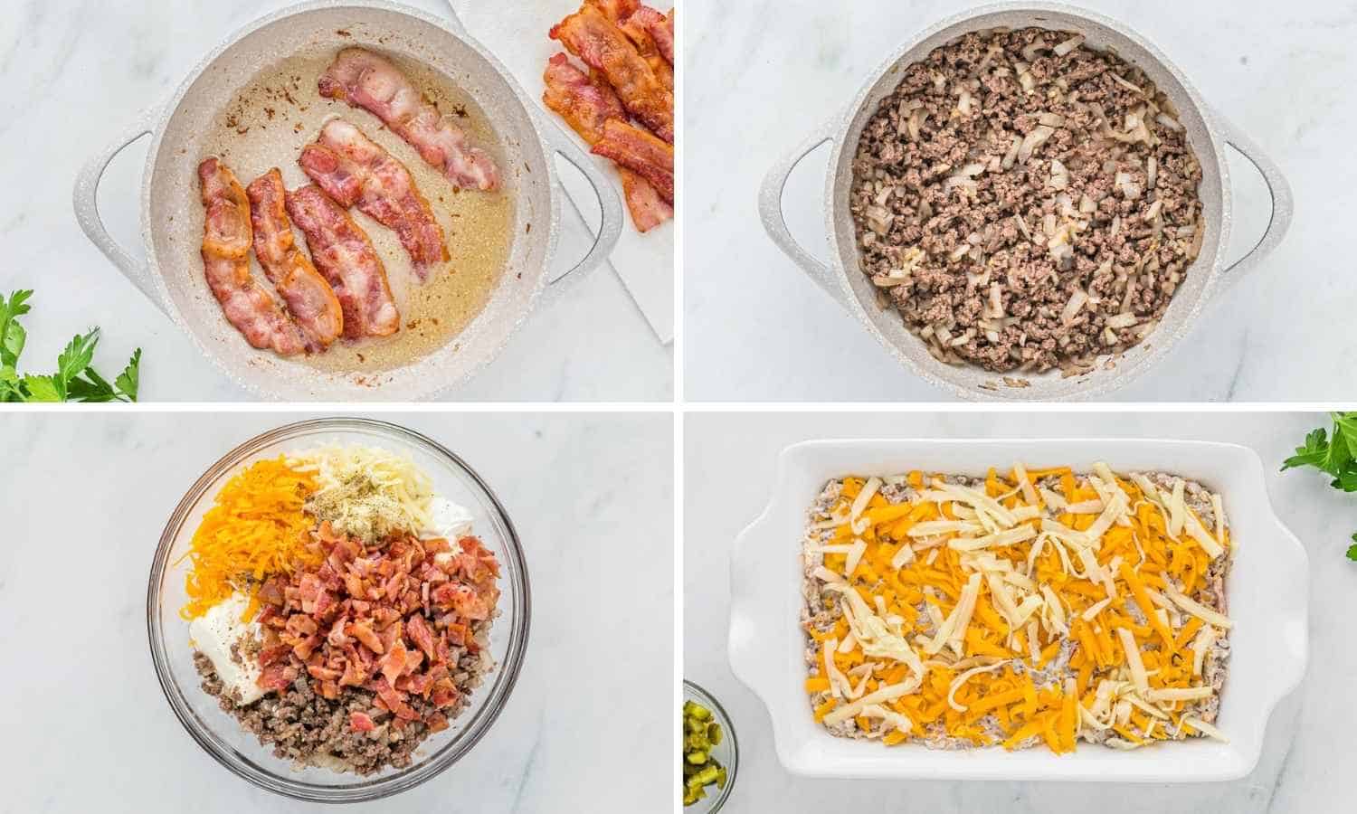 Collage of four images showing how to make cheeseburger dip