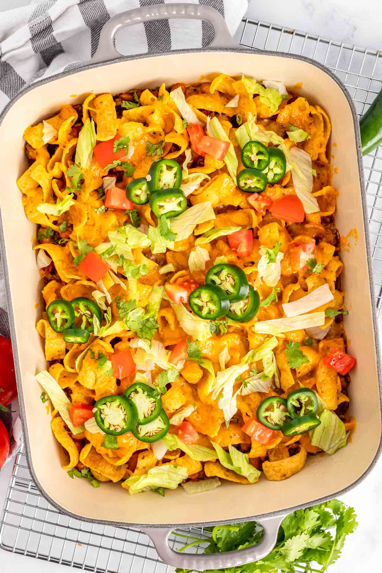 Overhead shot of a walking taco casserole in a casserole dish