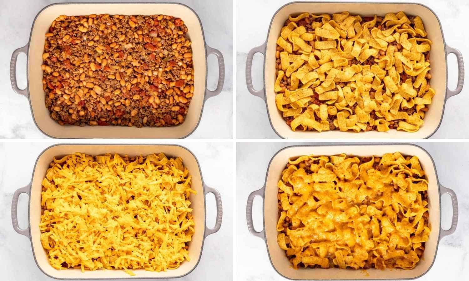 Collage of four images showing how to fill a casserole dish with taco meat, and top it with cheese and Frito chips.