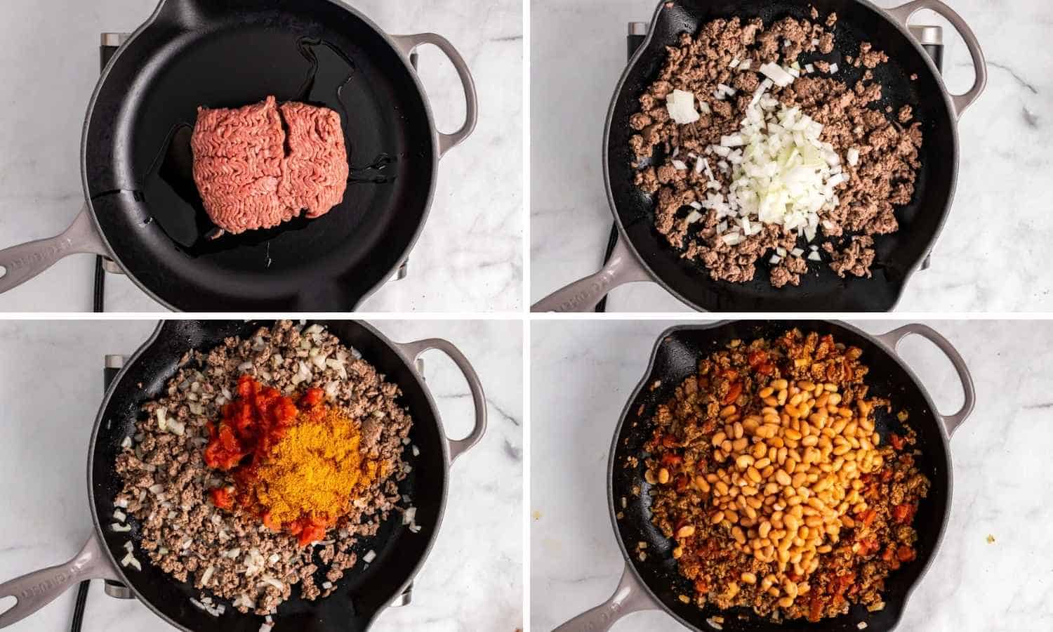 Collage of four images showing how to cook the beef with the spices and aromatics to make the taco beef mixture with pinto beans.