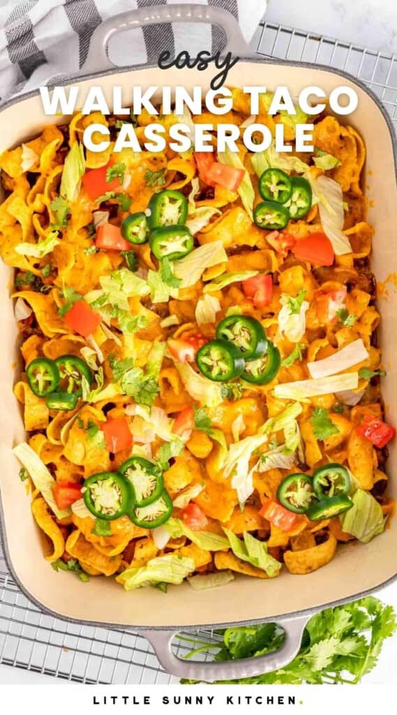 Overhead shot of a walking taco casserole in a casserole dish