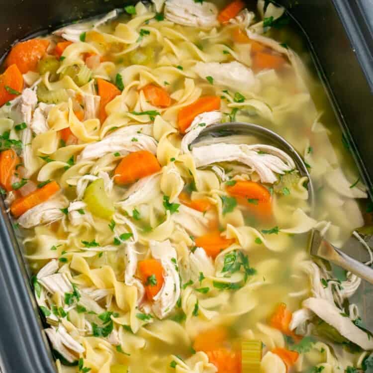 Chicken noodle soup in a large rectangular slow cooker.