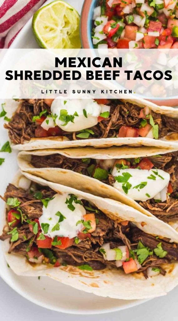 Mexican shredded beef tacos pinnable image