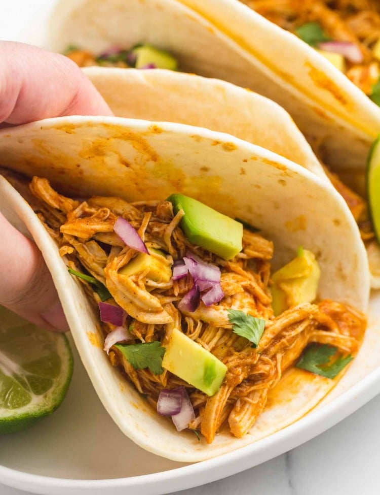 Holding a chicken tinga taco with fresh avocado and finely diced red onion
