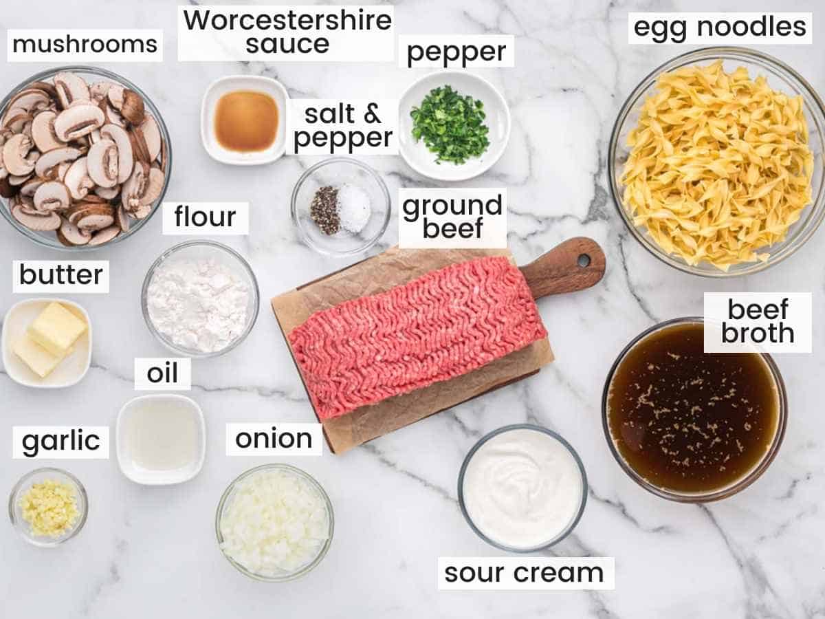 Ingredients needed to make ground beef stroganoff