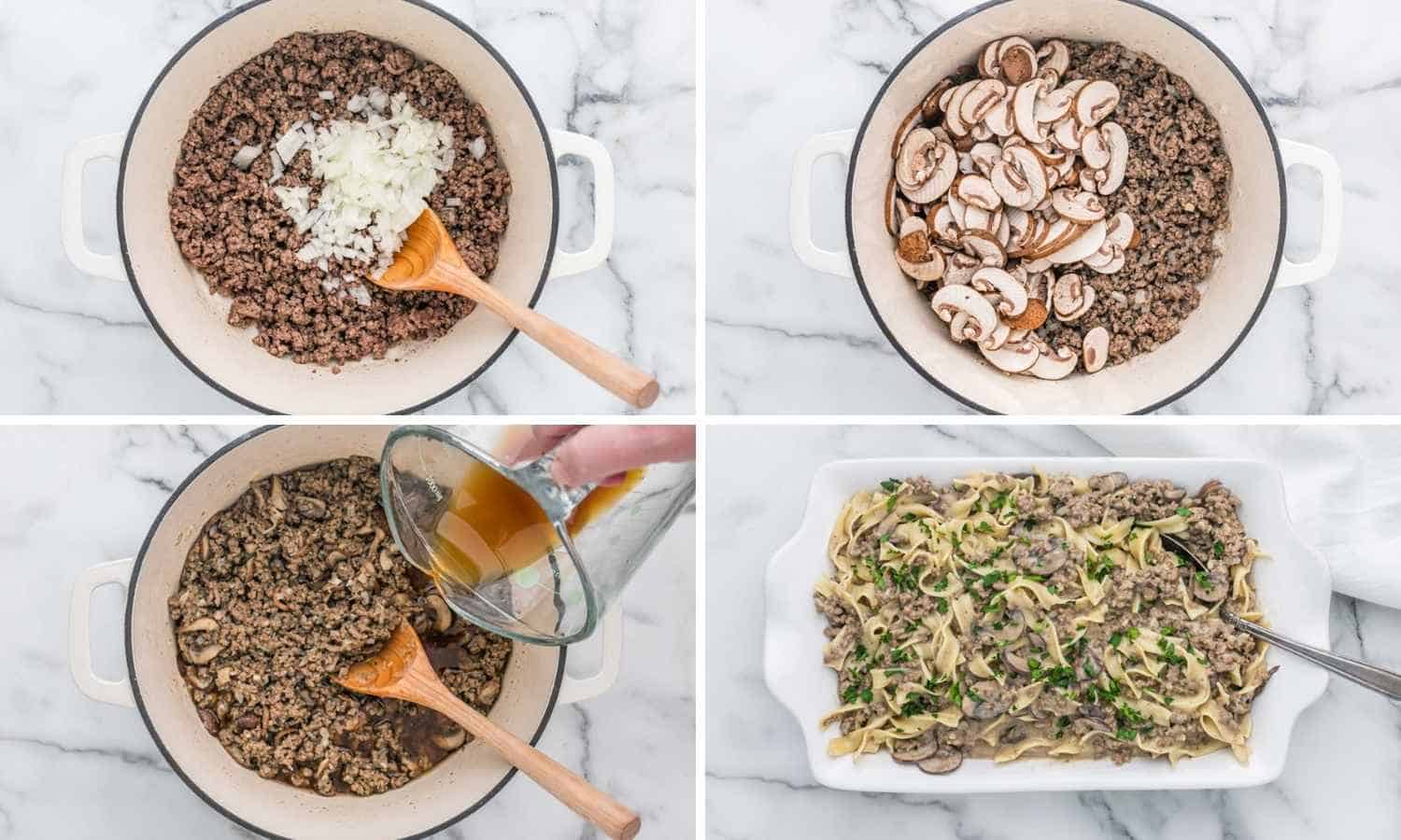 Collage of four images showing how to cook beef stroganoff