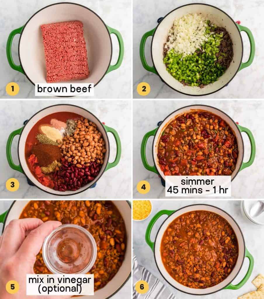 A collage with 6 images showing how to make Wendy’s Chili over the stovetop