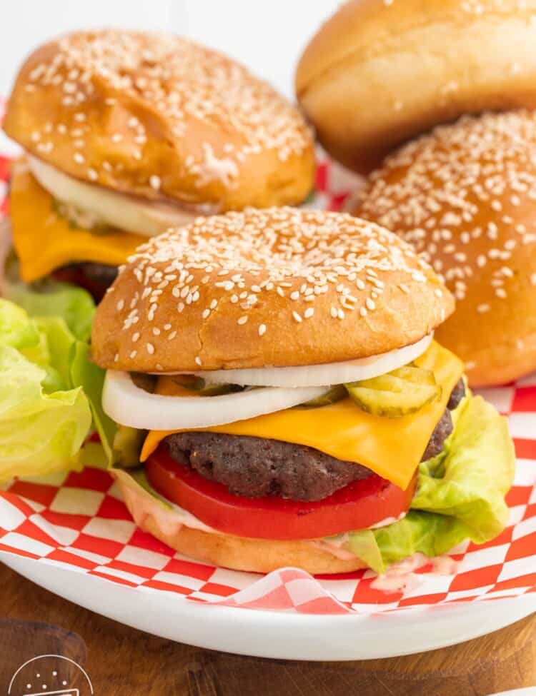 Hamburger made with beef patty, cheese, onion, tomato, lettuce, and a brioche bun.